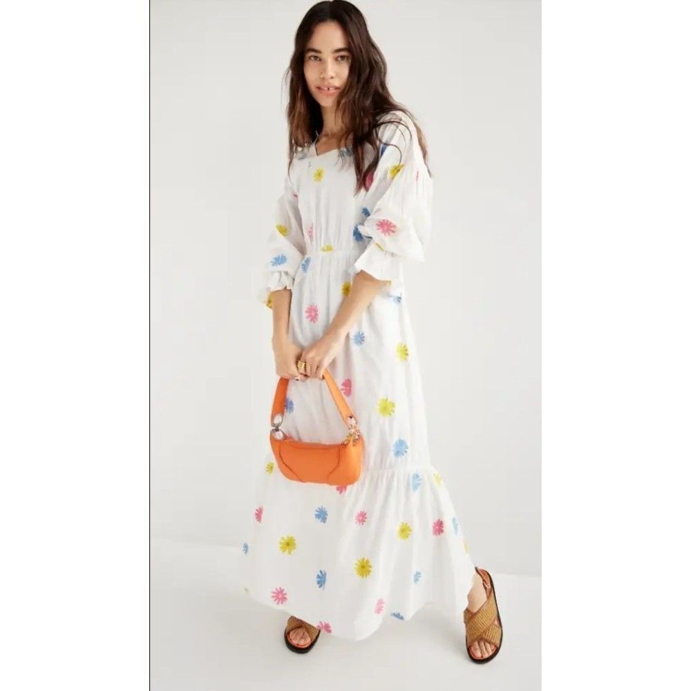 SOMETHING NAVY Embroidered Tiered Long Sleeve Maxi Dress In Rainbow Size S NEW